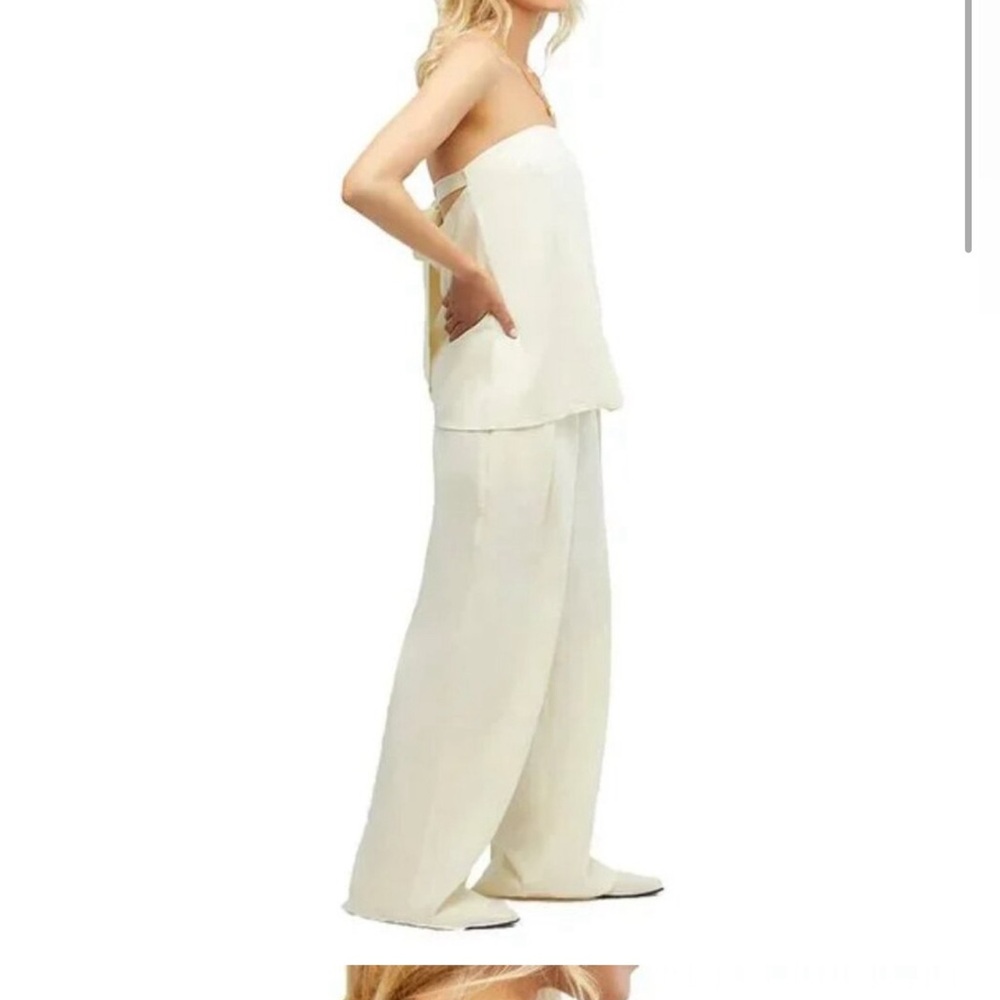 NWT WEWOREWHAT strapless linen blend ECRU TOP M